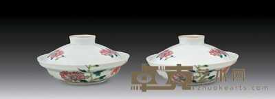 民国 粉彩花卉盖碗(一对) 直径16cm